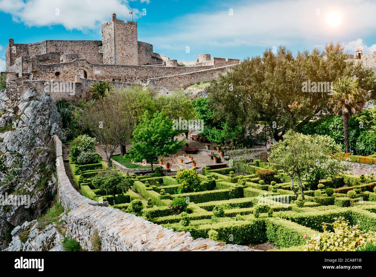 Panoramic view of Gardens and medieval castle from Marvao, Portalegre, Alentejo Region, Portugal. Stock Photo