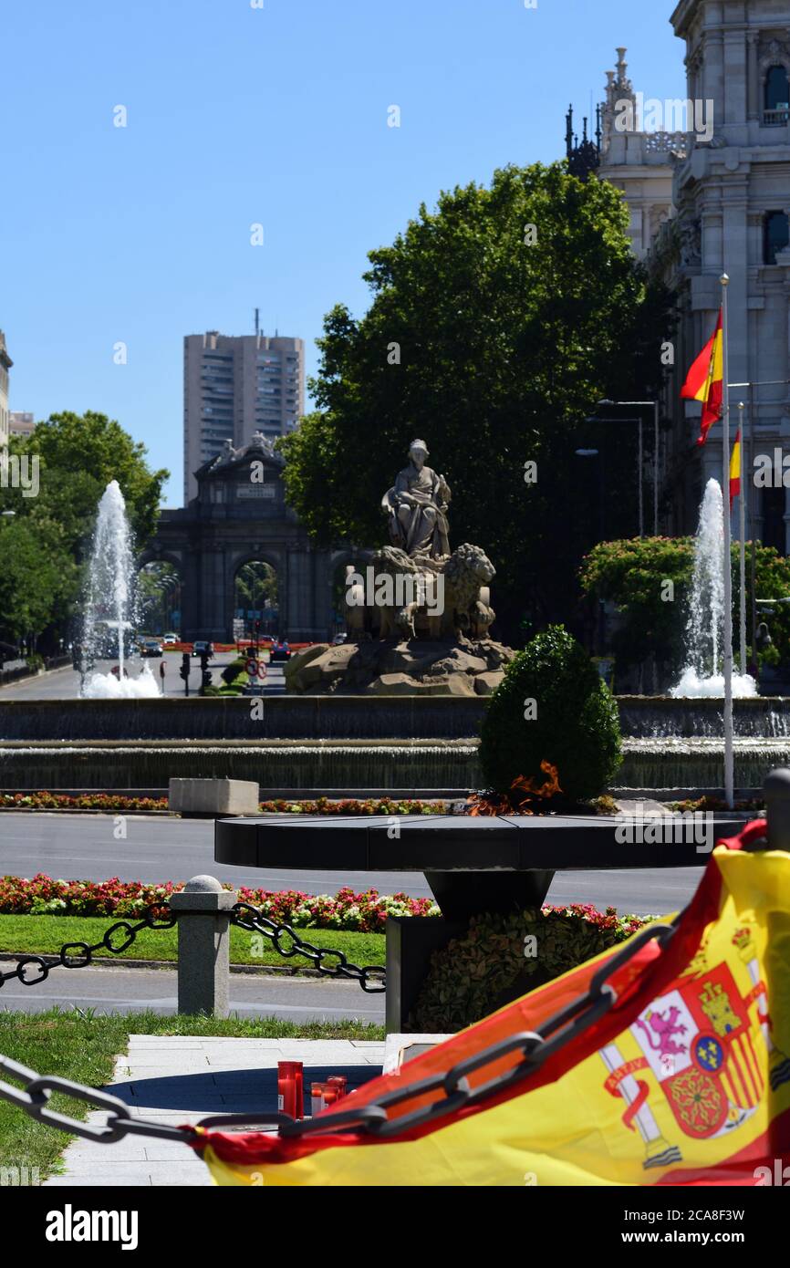 Madrid, Spain - August 2, 2020: Torch in memory of covid-19 victims next to city hall Stock Photo