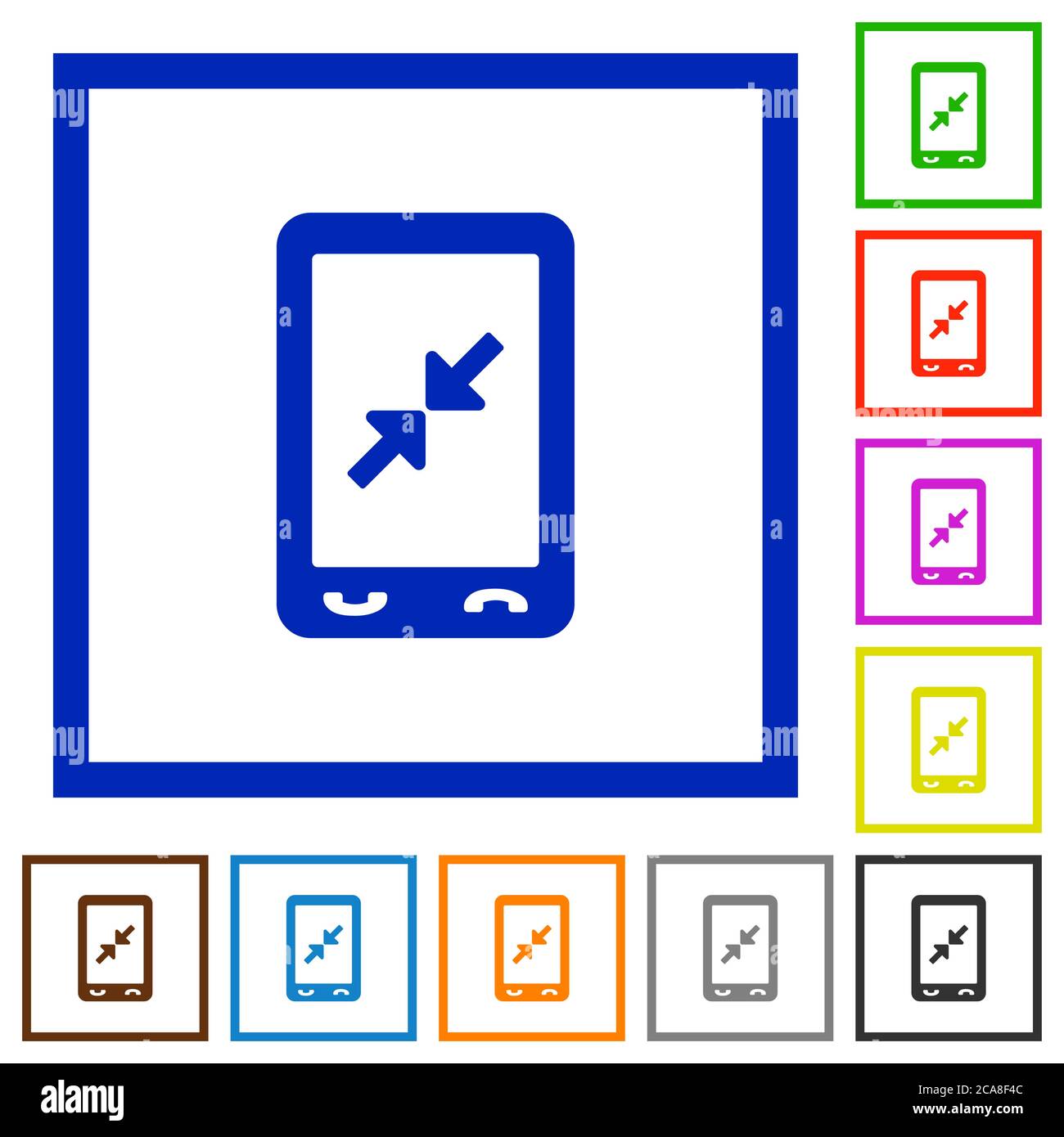Mobile pinch close gesture flat color icons in square frames on white ...