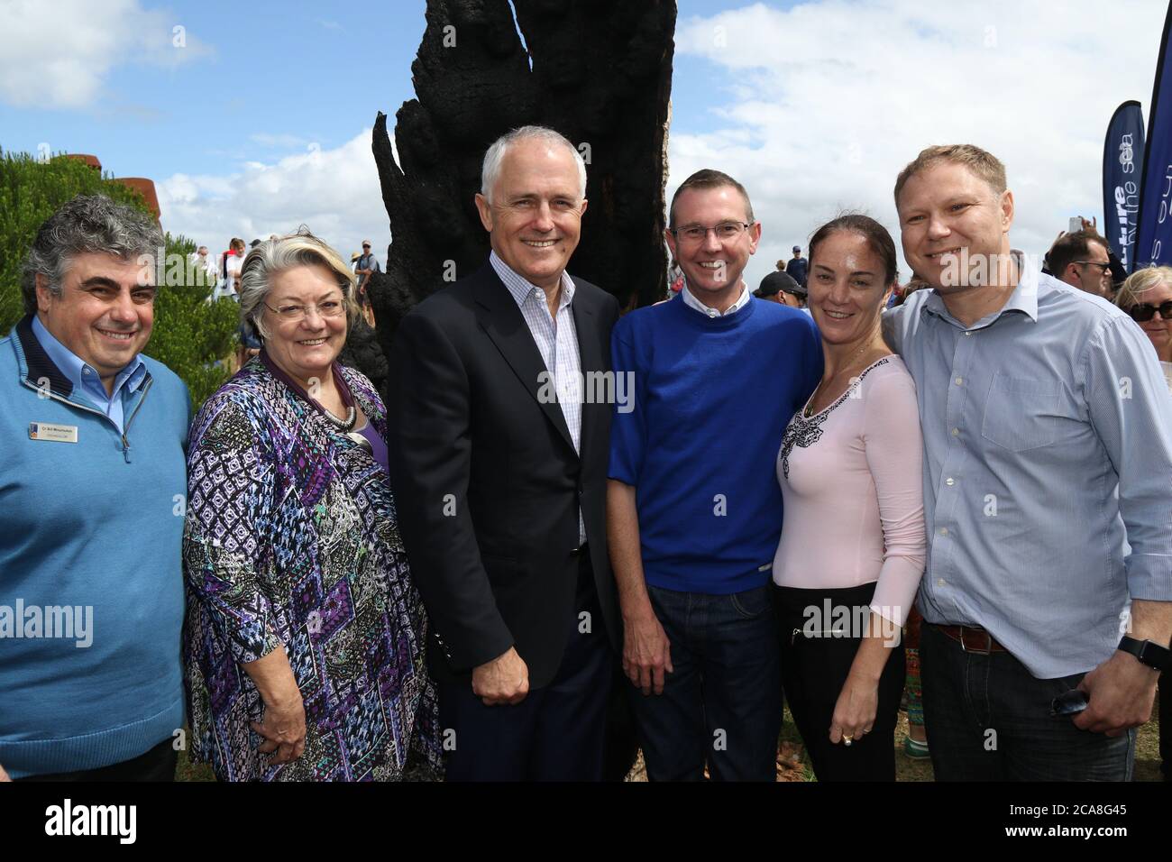 L-R: Waverley Cr Bill Mouroukas, Mayor Sally Betts, Prime Minister Malcolm Turnbull, Coogee MP Bruce Notley-Smith, tbc and Cr Leon Goltsman next to th Stock Photo