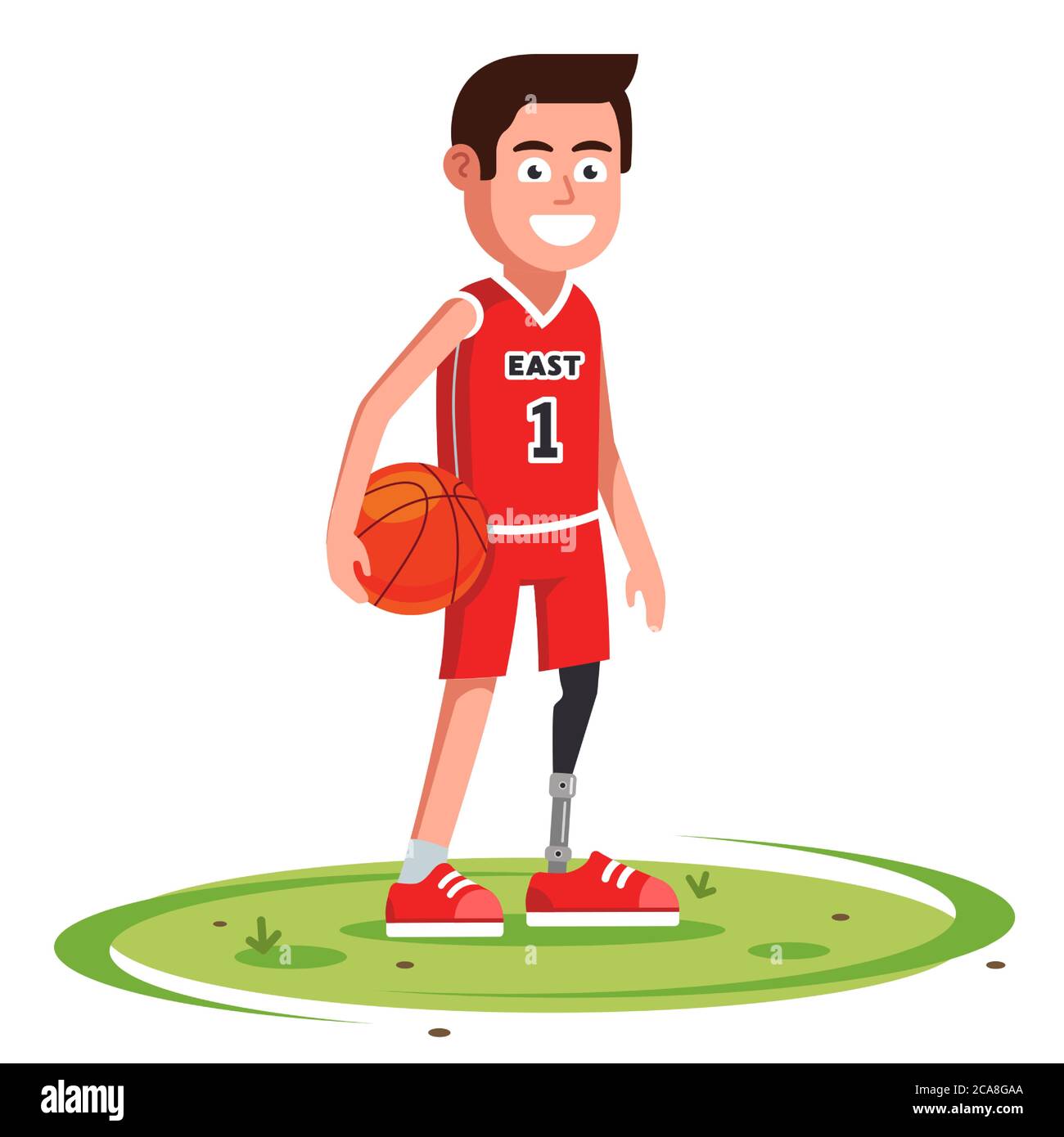 joyful basketball player with a prosthetic leg stands in a clearing