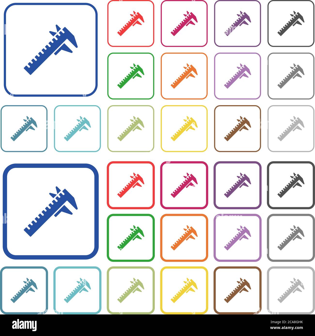 Caliper color flat icons in rounded square frames. Thin and thick versions included. Stock Vector