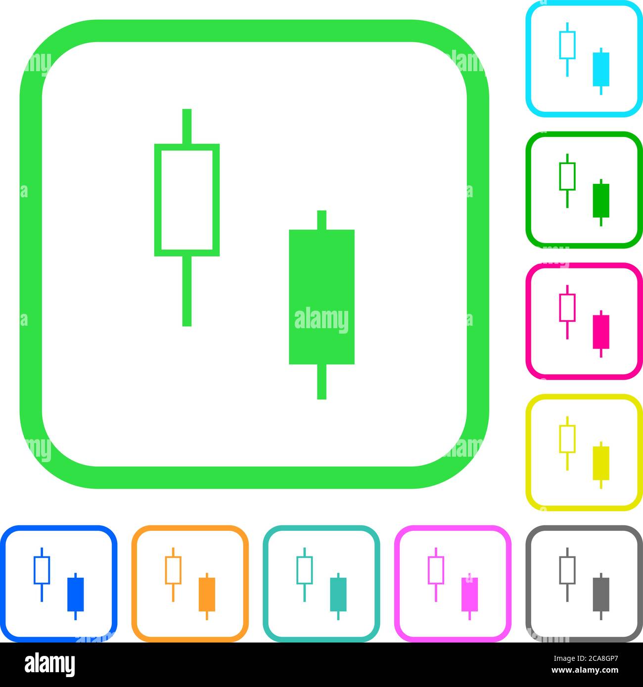 Two candlesticks vivid colored flat icons in curved borders on white ...