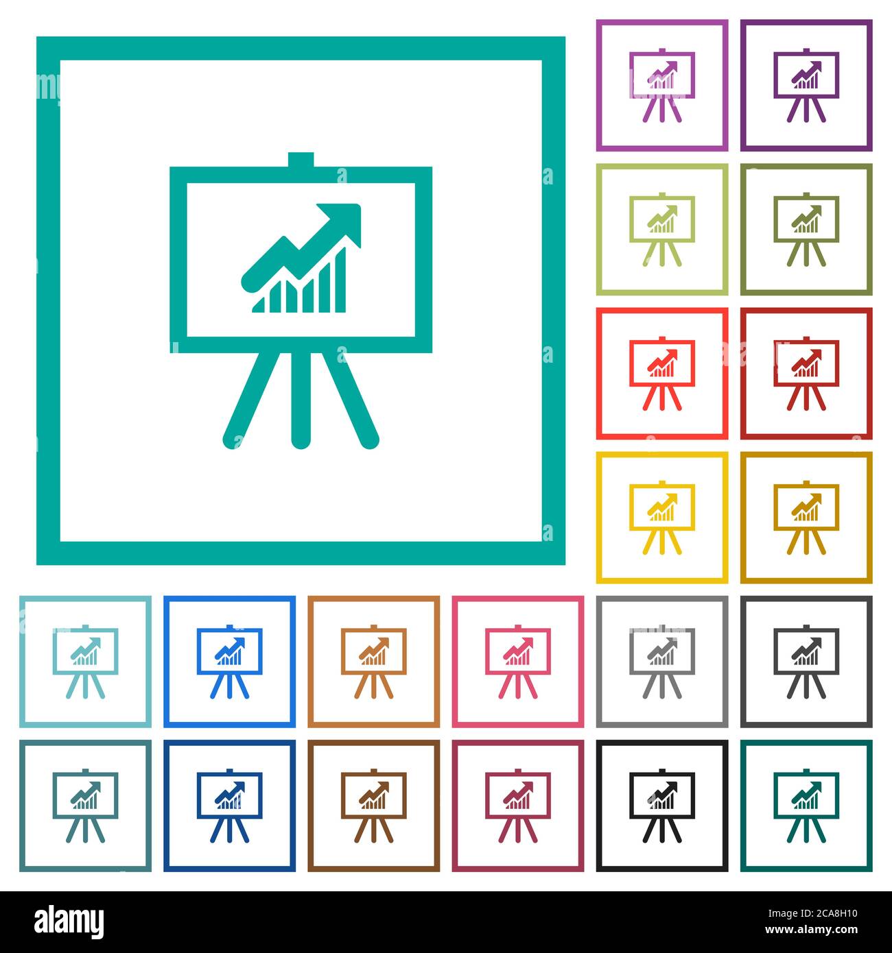 Presentation table with rising graph flat color icons with quadrant frames on white background Stock Vector