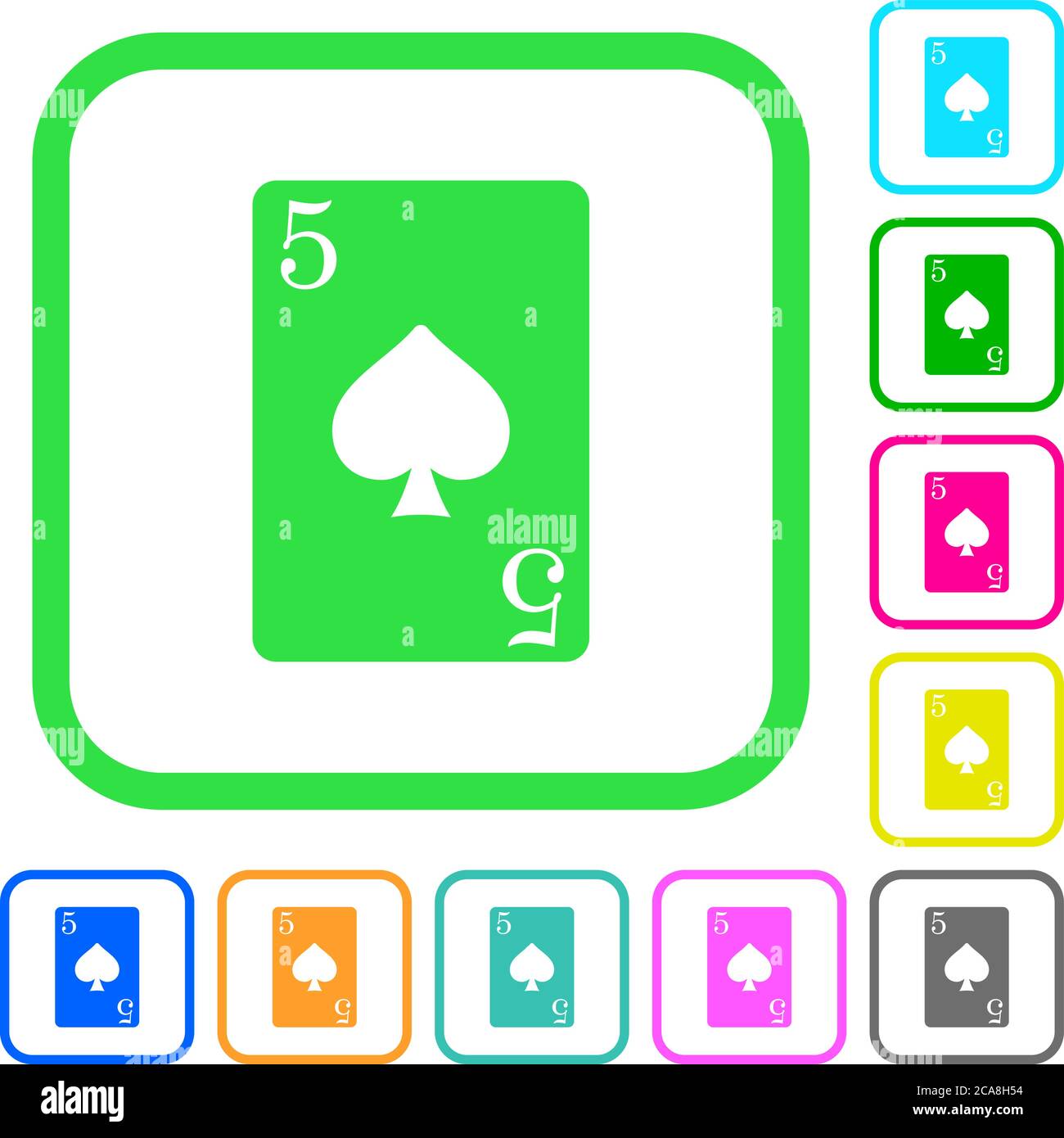 Five of spades card vivid colored flat icons in curved borders on white