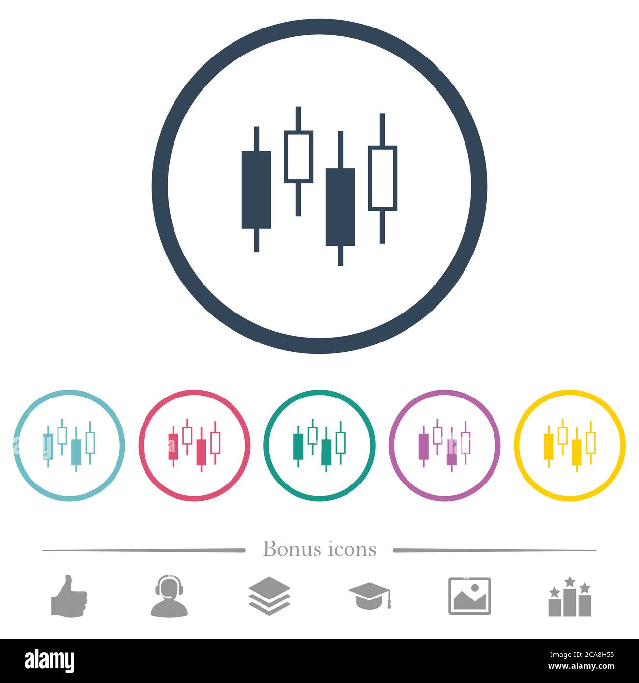 Candlestick chart flat color icons in round outlines. 6 bonus icons ...