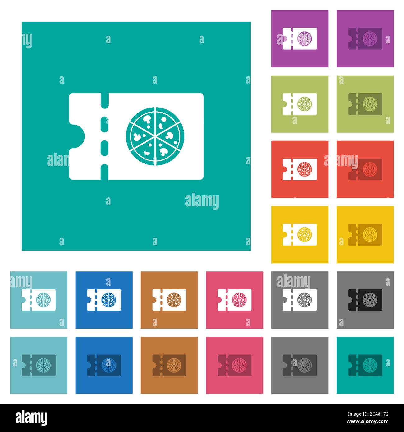 Pizzeria discount coupon multi colored flat icons on plain square backgrounds. Included white and darker icon variations for hover or active effects. Stock Vector