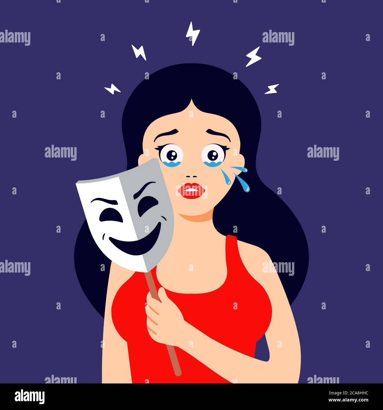 the girl hides her tears behind a smiling mask. emotional crisis. Flat character vector