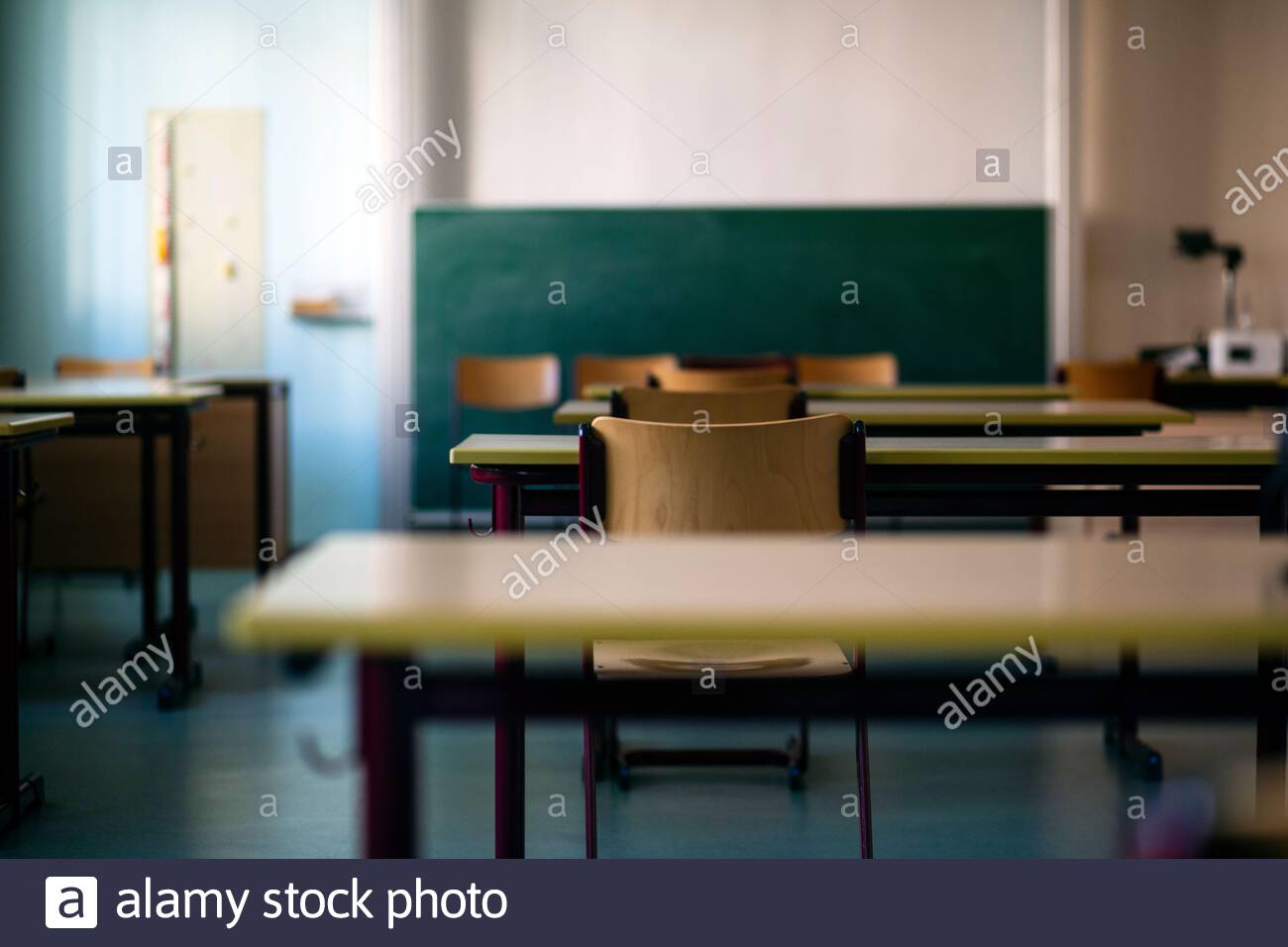 An empty school classroom in Germany during the summer holidays as Corona illness figures climb again and people fear a second wave is starting. Stock Photo