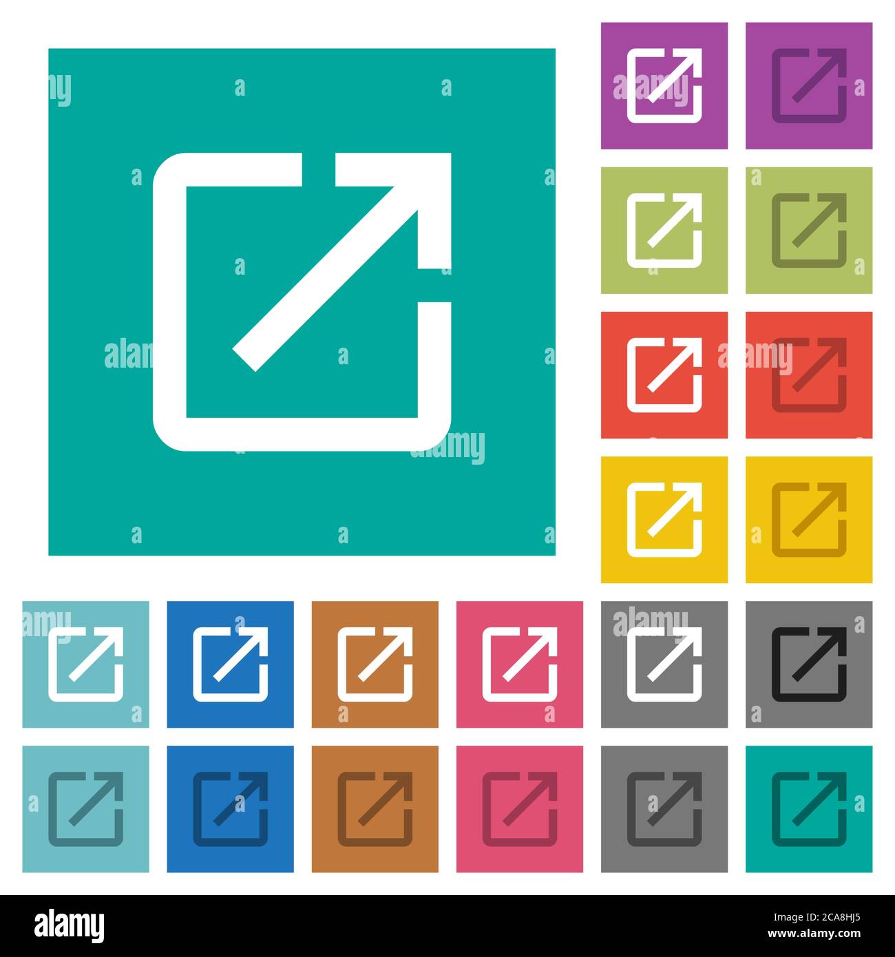 Launch application multi colored flat icons on plain square backgrounds. Included white and darker icon variations for hover or active effects. Stock Vector