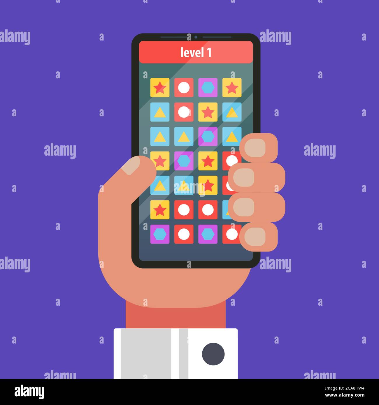 mobile game on the phone. drawing figures in a row. flat vector