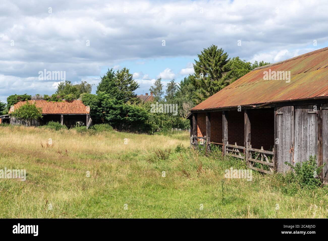 Two semi-derelict barns in a field on the edge of the village of Milton Malsor, Northamptonshire, UK Stock Photo
