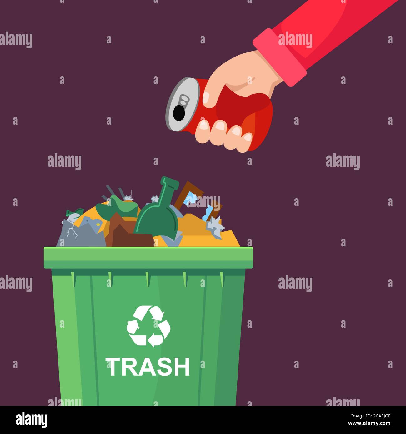 a man throws a can in a crowded trash can. flat vector illustration