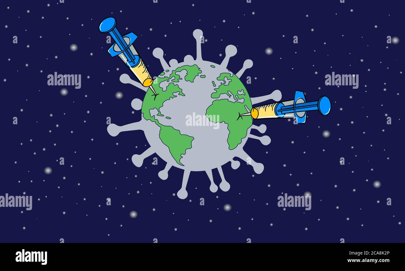 Syringe with the vaccine Covid-19. The world that was controlled by Covid-19. Protecting the world from the Corona virus (Covid-19). Stock Photo
