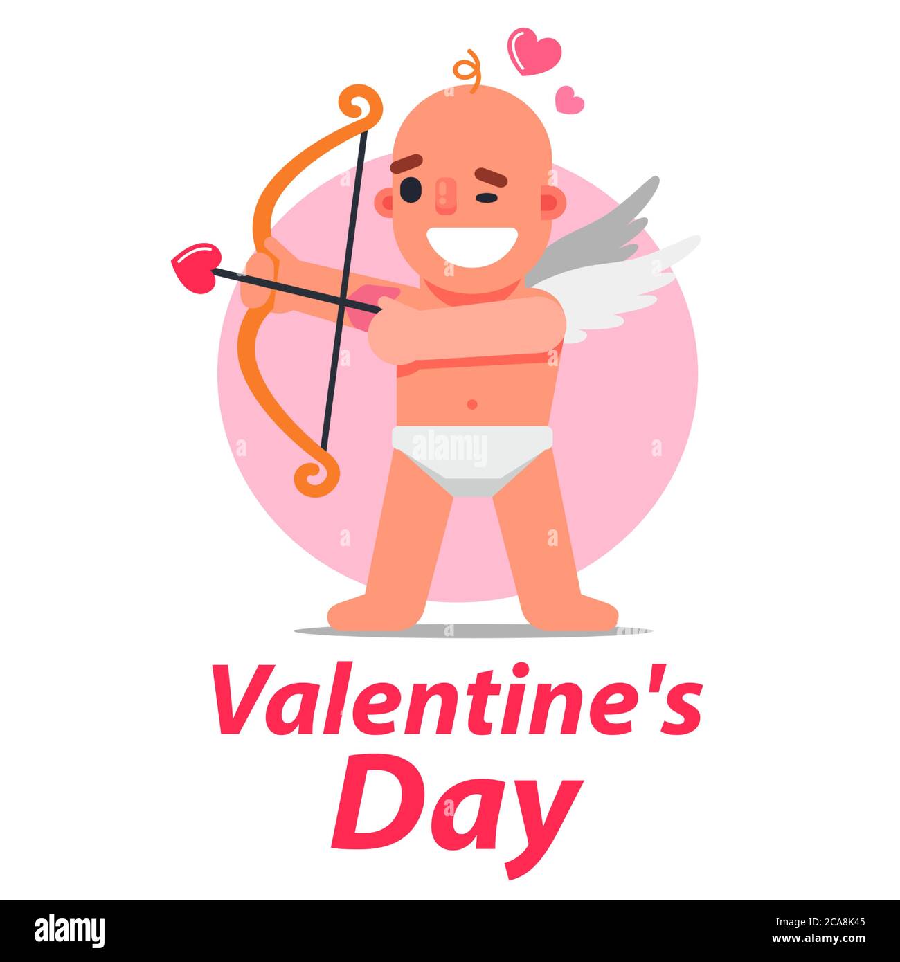 Cupid with wings takes aim and shoots from a bow. Flat character vector illustration. Stock Vector