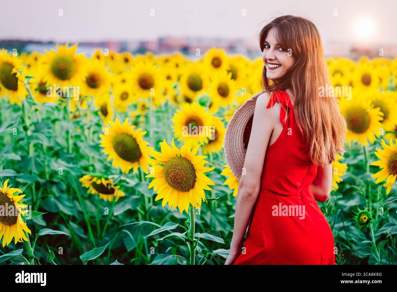 woman with red dress and hat in sunflowers field Stock Photo