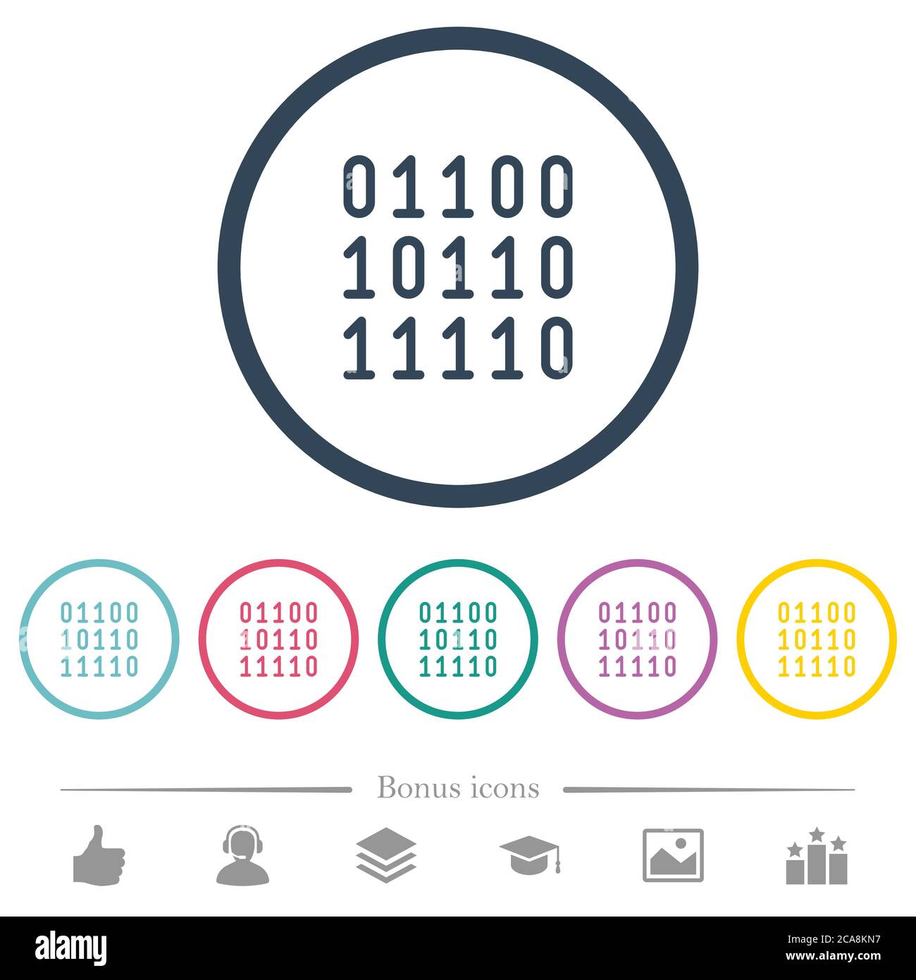 Binary code flat color icons in round outlines. 6 bonus icons included ...