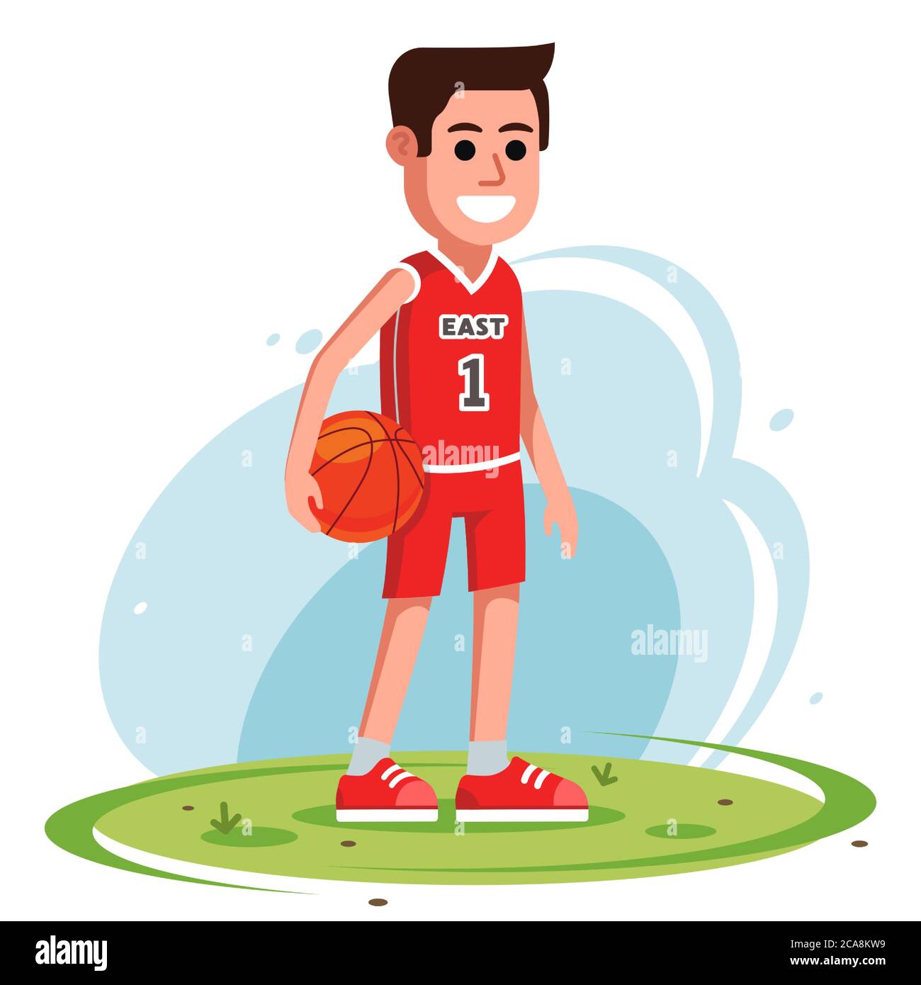 basketball player stands with the ball on the lawn. cute character