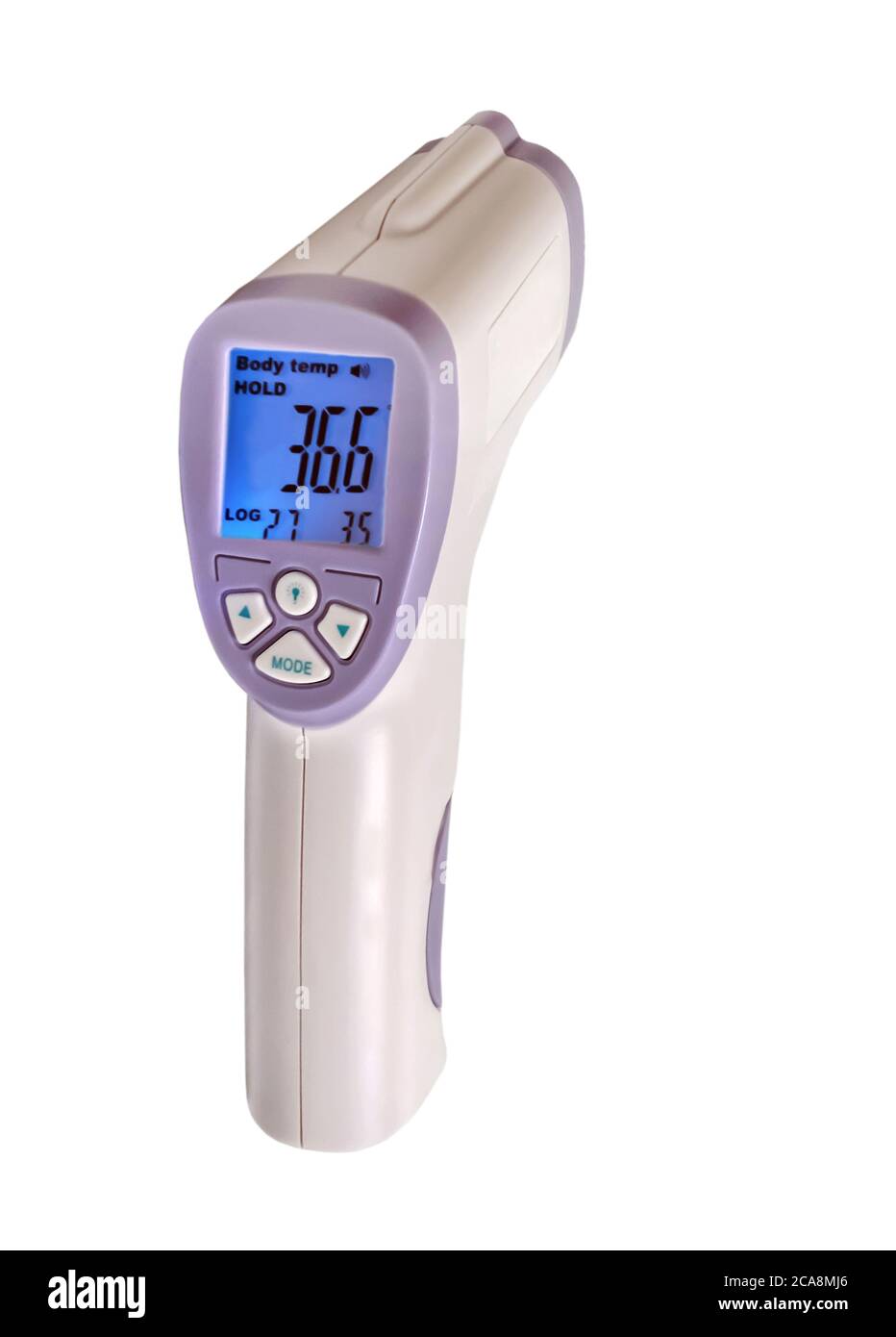 Gun electronic medical thermometer measuring Handheld Forehead Readings  diagnostic display shows the result of the body temperature measurement  36.6 C Stock Photo - Alamy