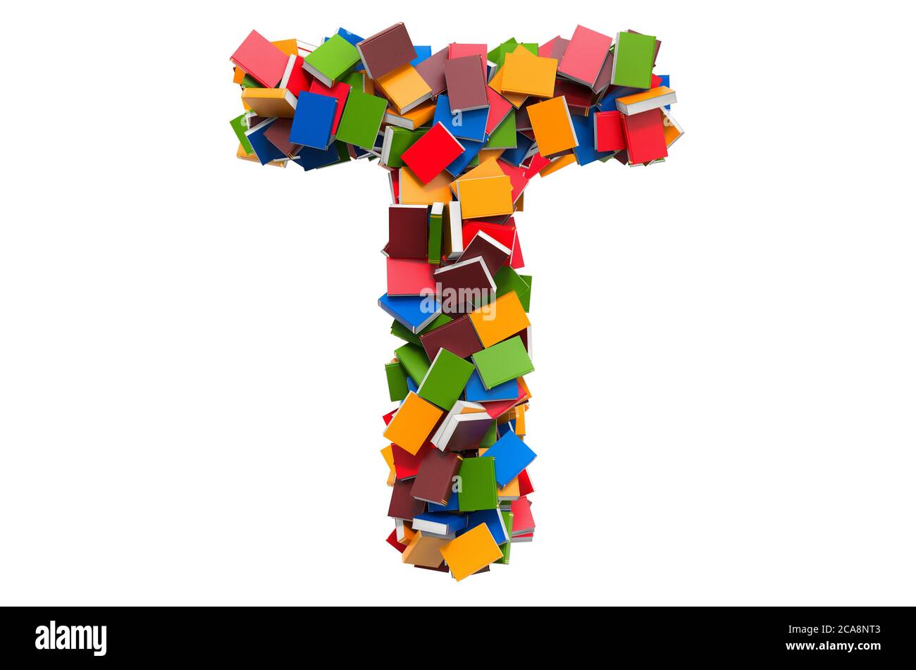 Letter T from colored books. 3D rendering isolated on white