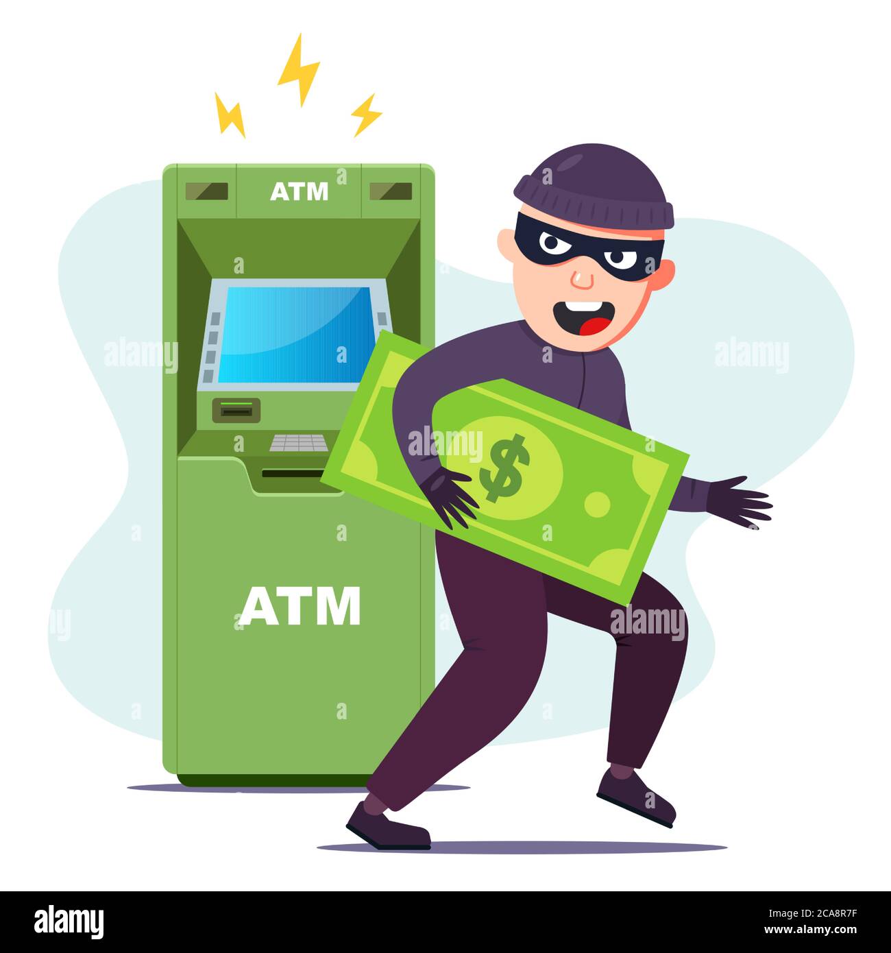 the thief stole money from an ATM. hacking the terminal to steal. Flat character vector illustration. Stock Vector