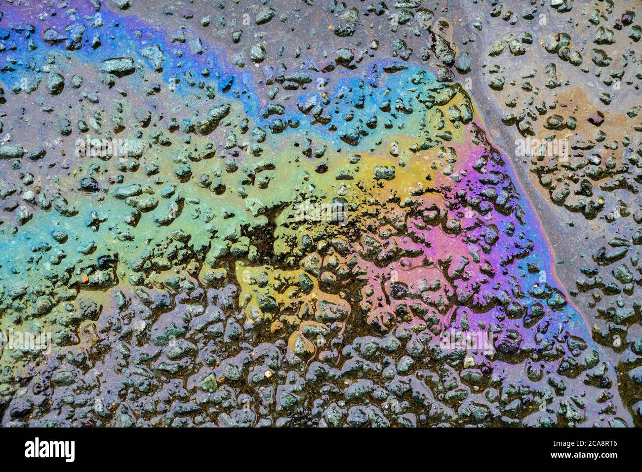 Gasoline flows on the pavement. Stock Photo
