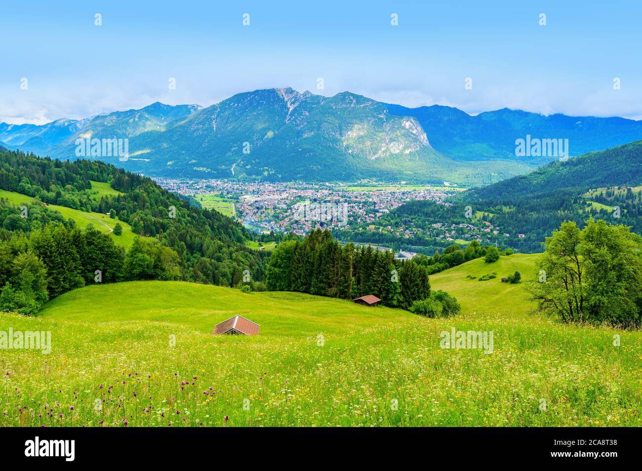 View from the top of Mountain Eckbauer to alps in the region of Garmisch-Partenkirchen, close to Zugspitze - Beautiful landscape scenery in Bavaria, G Stock Photo