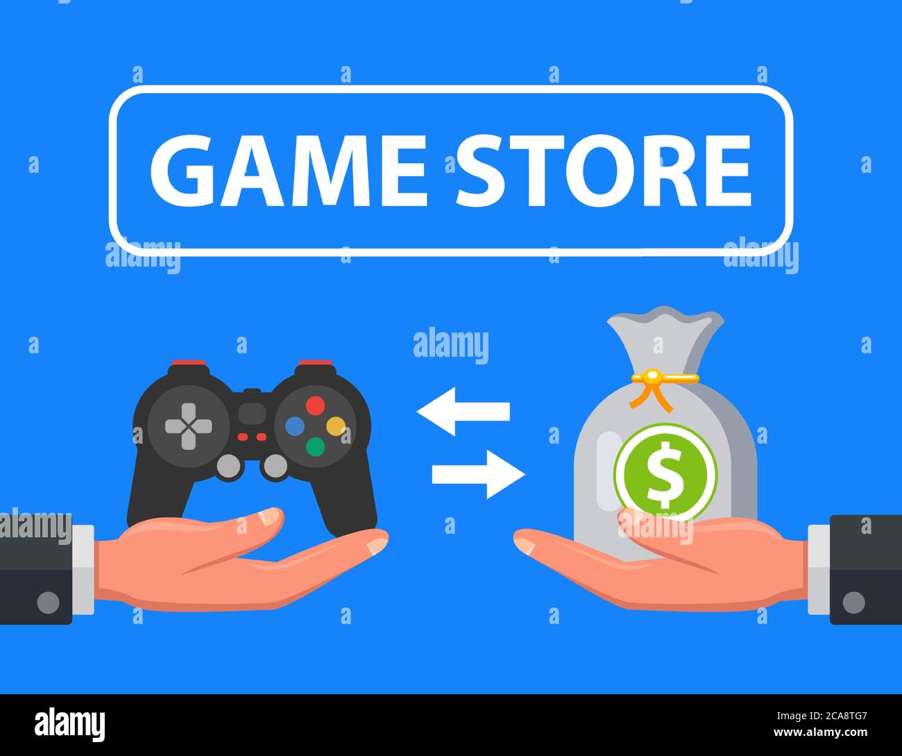 game store selling console for money. flat vector illustration Stock