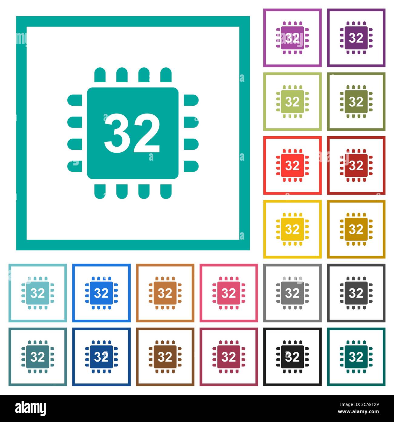 Microprocessor 32 bit architecture flat color icons with quadrant frames on white background Stock Vector