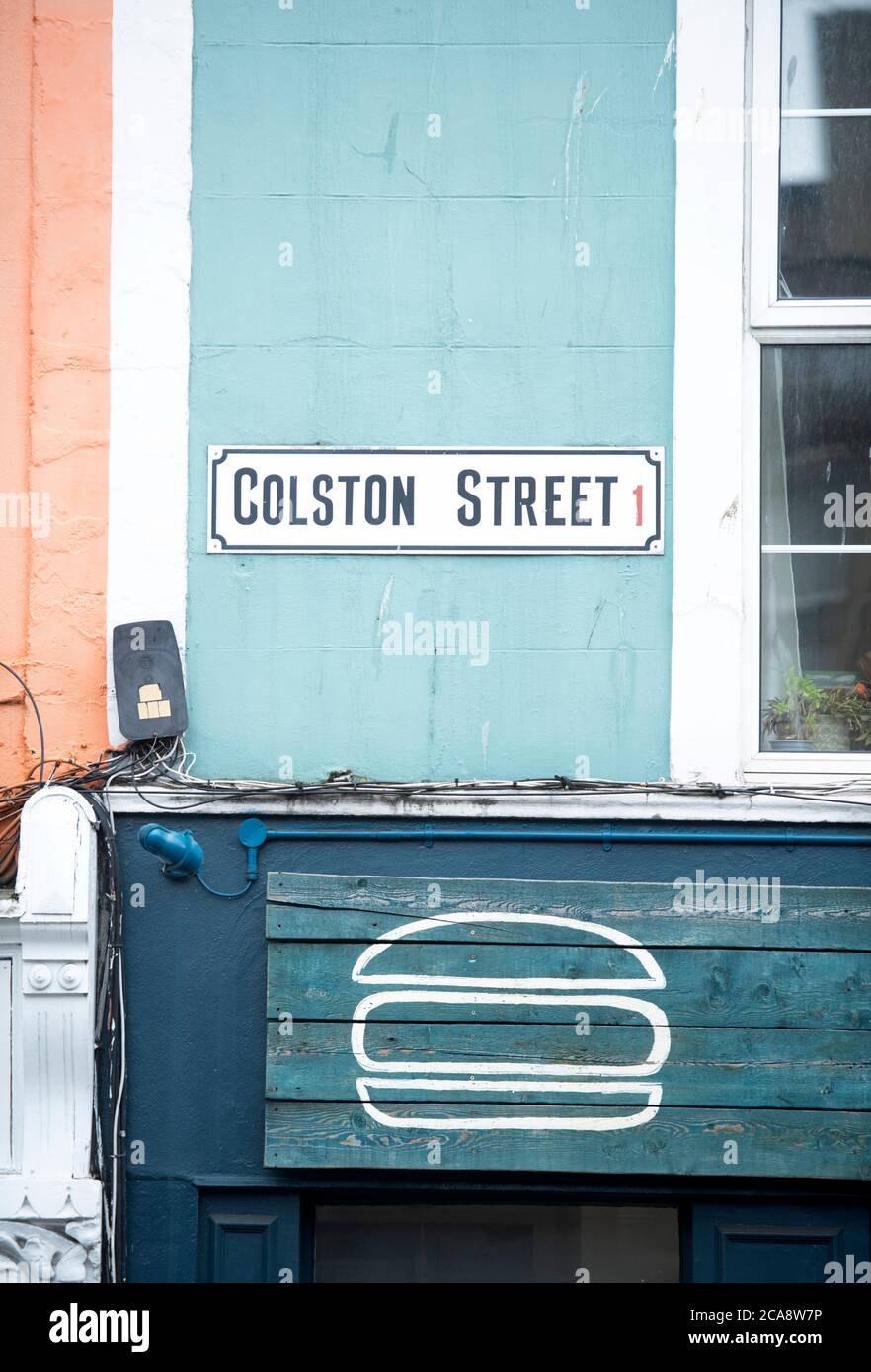 Colston Street name plate following the toppling of the statue of Edward Colston in Bristol June 2020 Stock Photo