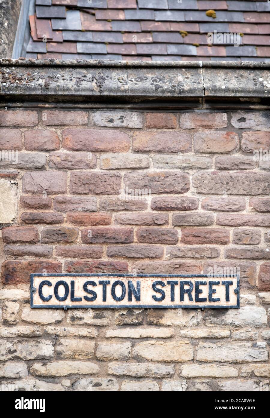Colston Street name plate on the Chapel of the Three Kings of Cologne following the toppling of the statue of Edward Colston in Bristol June 2020 Stock Photo