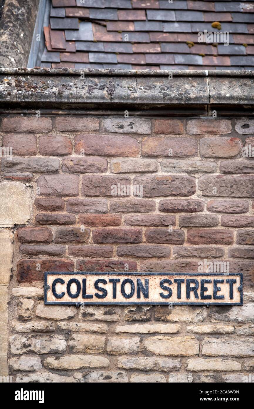 Colston Street name plate on the Chapel of the Three Kings of Cologne following the toppling of the statue of Edward Colston in Bristol June 2020 Stock Photo