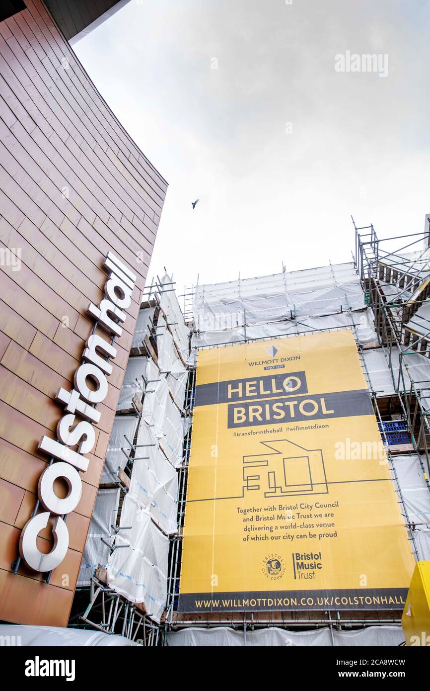 Building work at the Colston Hall following the toppling of the statue of Edward Colston in Bristol , 10 June 2020 shortly before the name was taken d Stock Photo