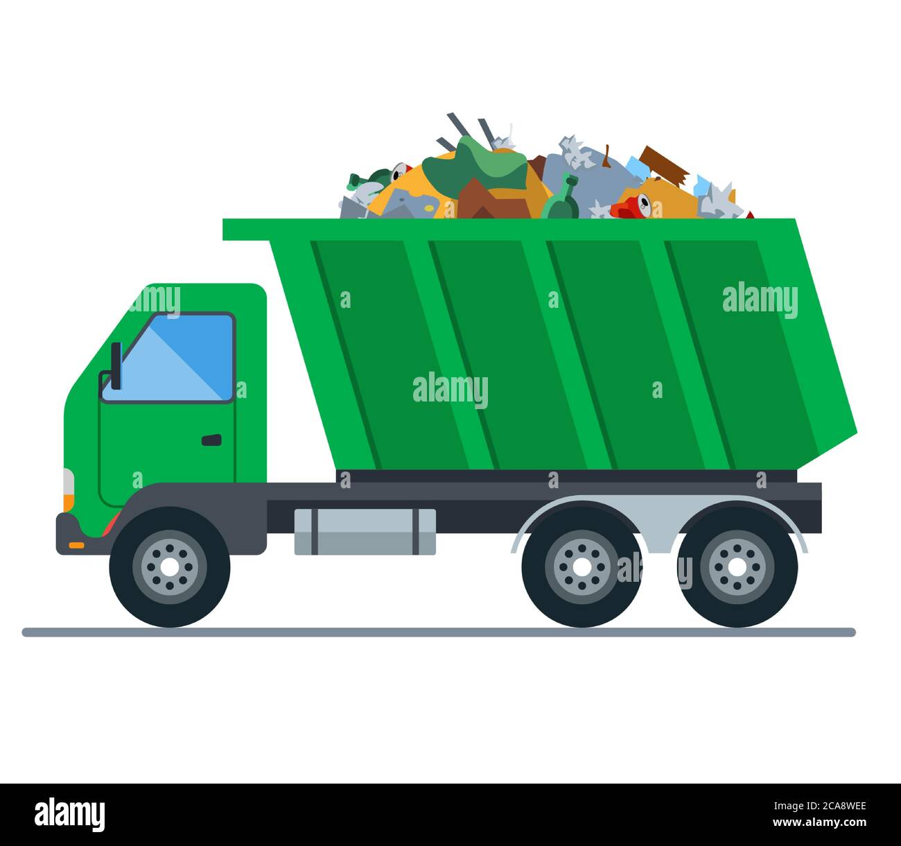 a truck loaded with garbage goes to a landfill. flat vector