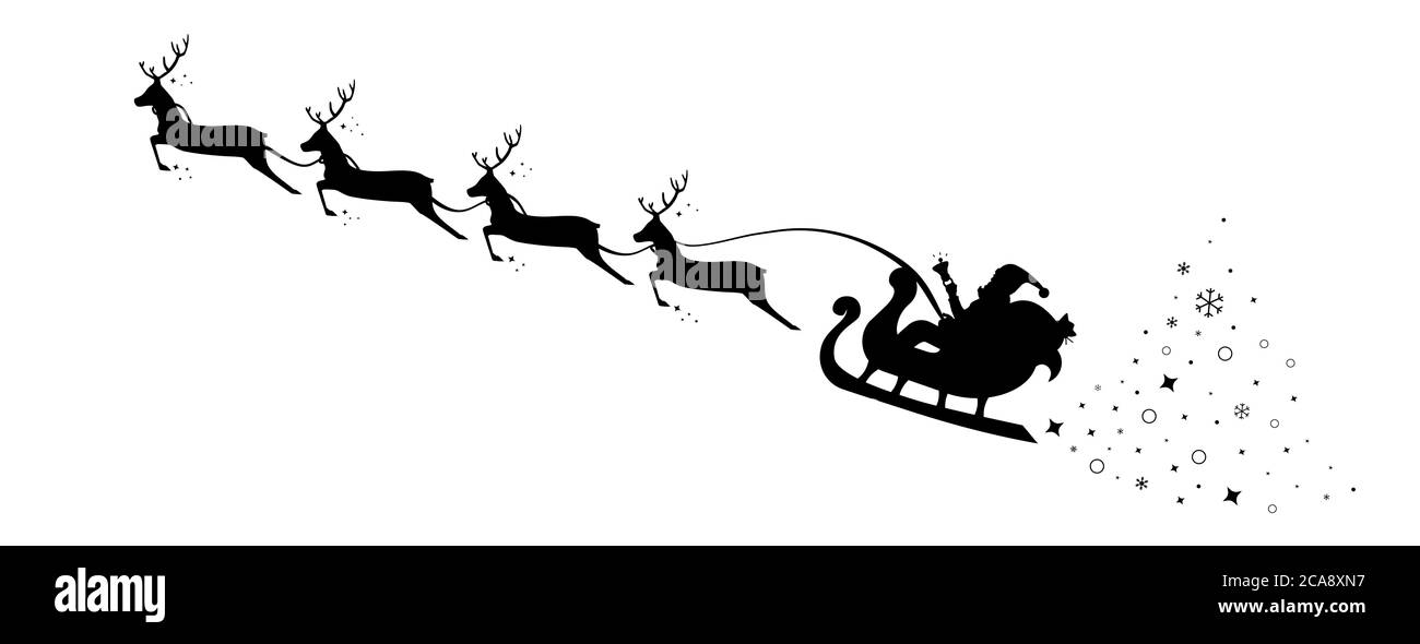 Christmas Sleigh Santa fly in sky. Silhouette reindeer and sleigh Santa. Vector Stock Photo