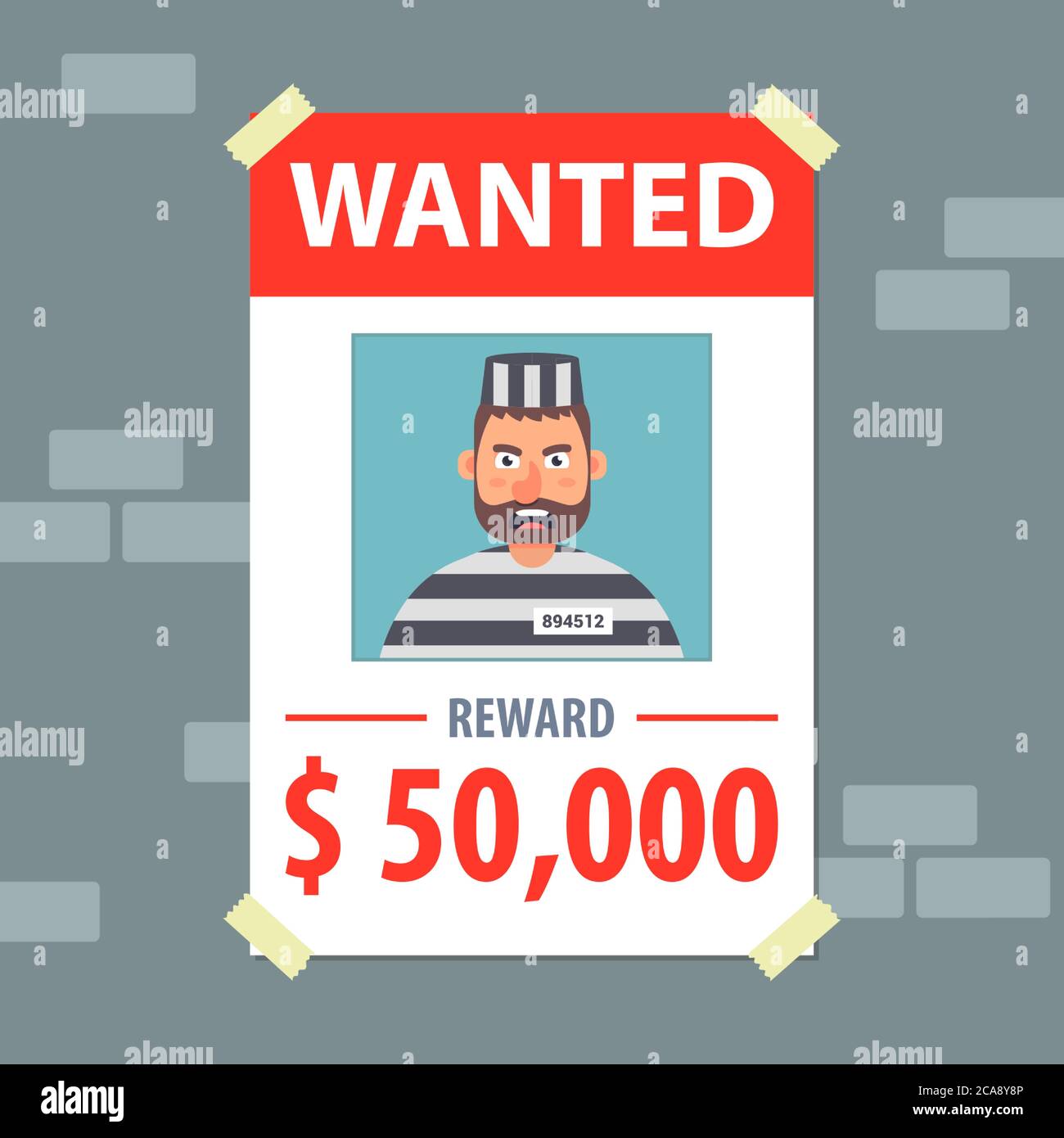 wanted flyer. search for a bandit. flat vector illustration. Stock Vector
