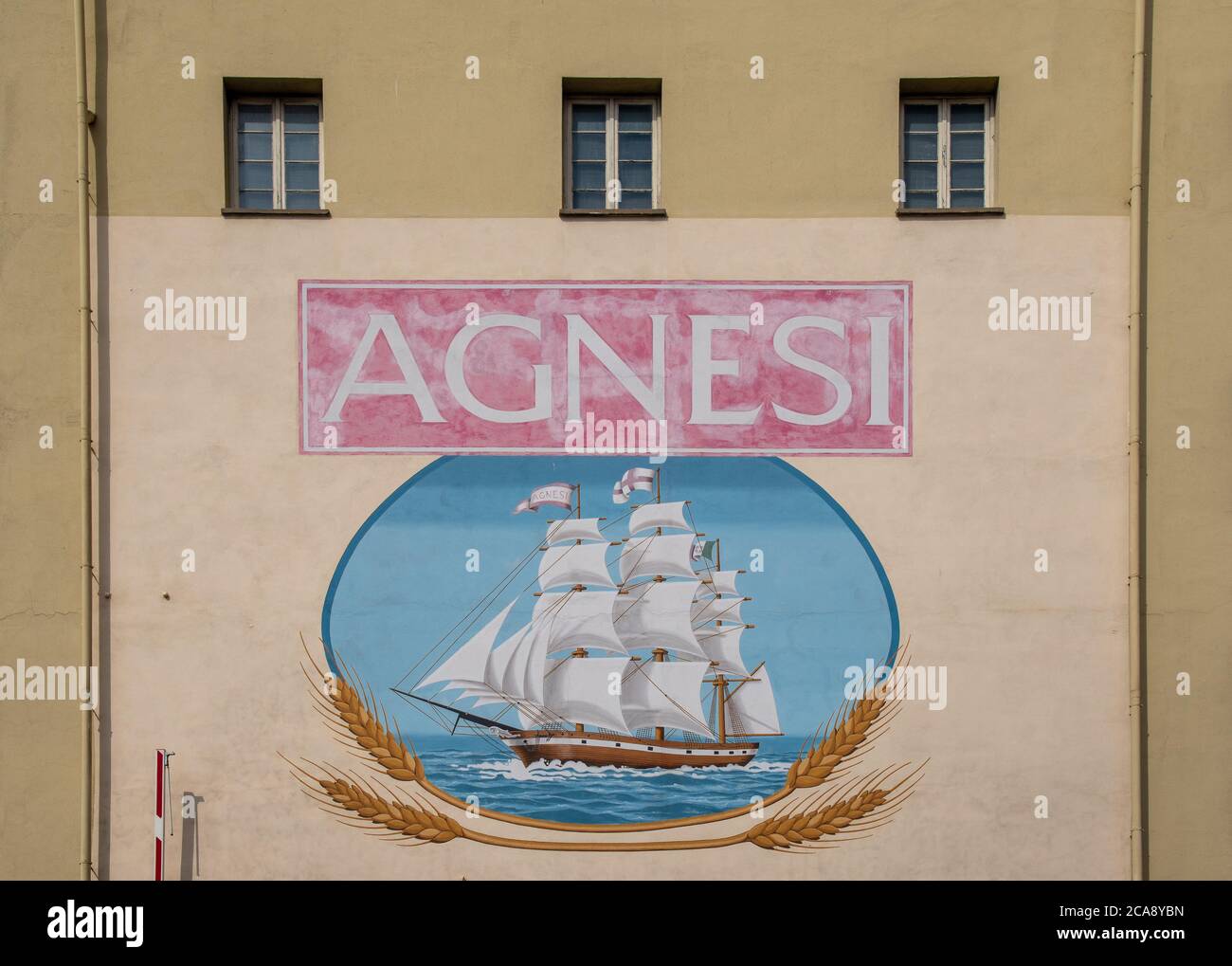 Closeup of the sign of the former Agnesi Italian pasta factory, the