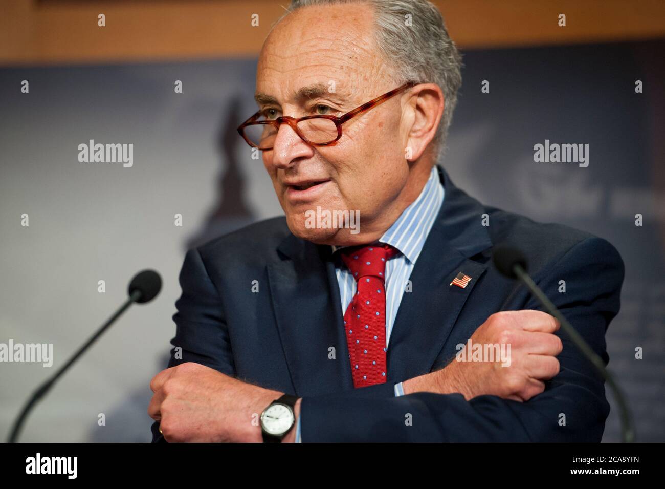 United States Senate Minority Leader Chuck Schumer (Democrat of New York), offers remarks regarding the ongoing negotiations with the COVID-19 economic stimulus package, during a press conference at the US Capitol in Washington, DC., Tuesday, August 4, 2020. Credit: Rod Lamkey/CNP /MediaPunch Stock Photo