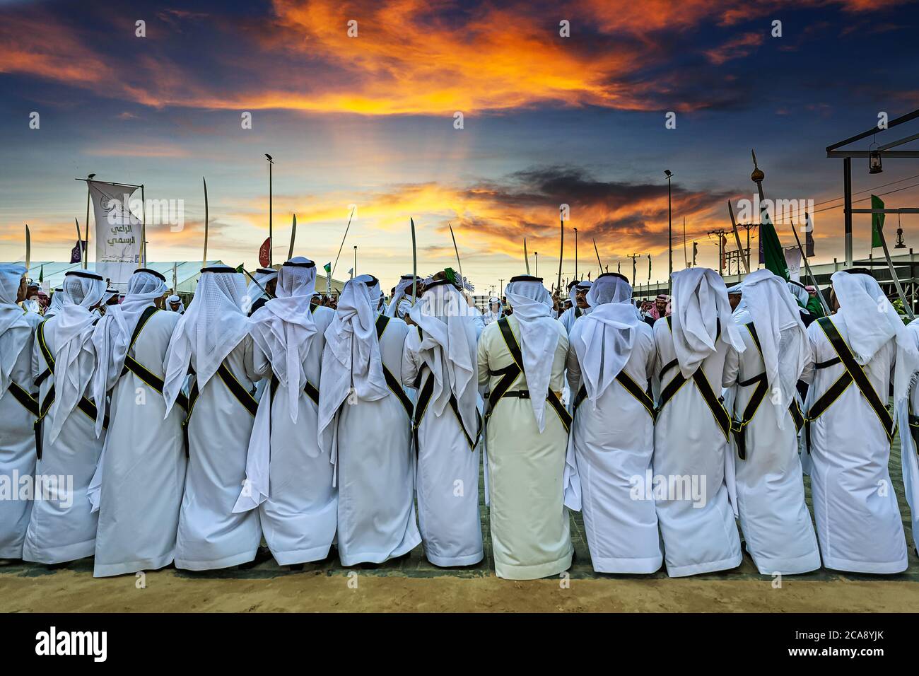 Saudi nationals on dancing in desert safari festival in abqaiq Saudi Arabia 10th January 2020 Stock Photo