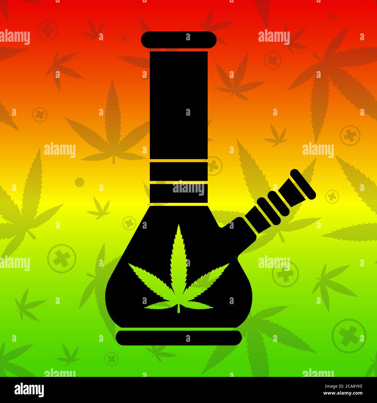 black bong on rasta flag background. Flat vector illustration of medicinal marijuana. Stock Vector