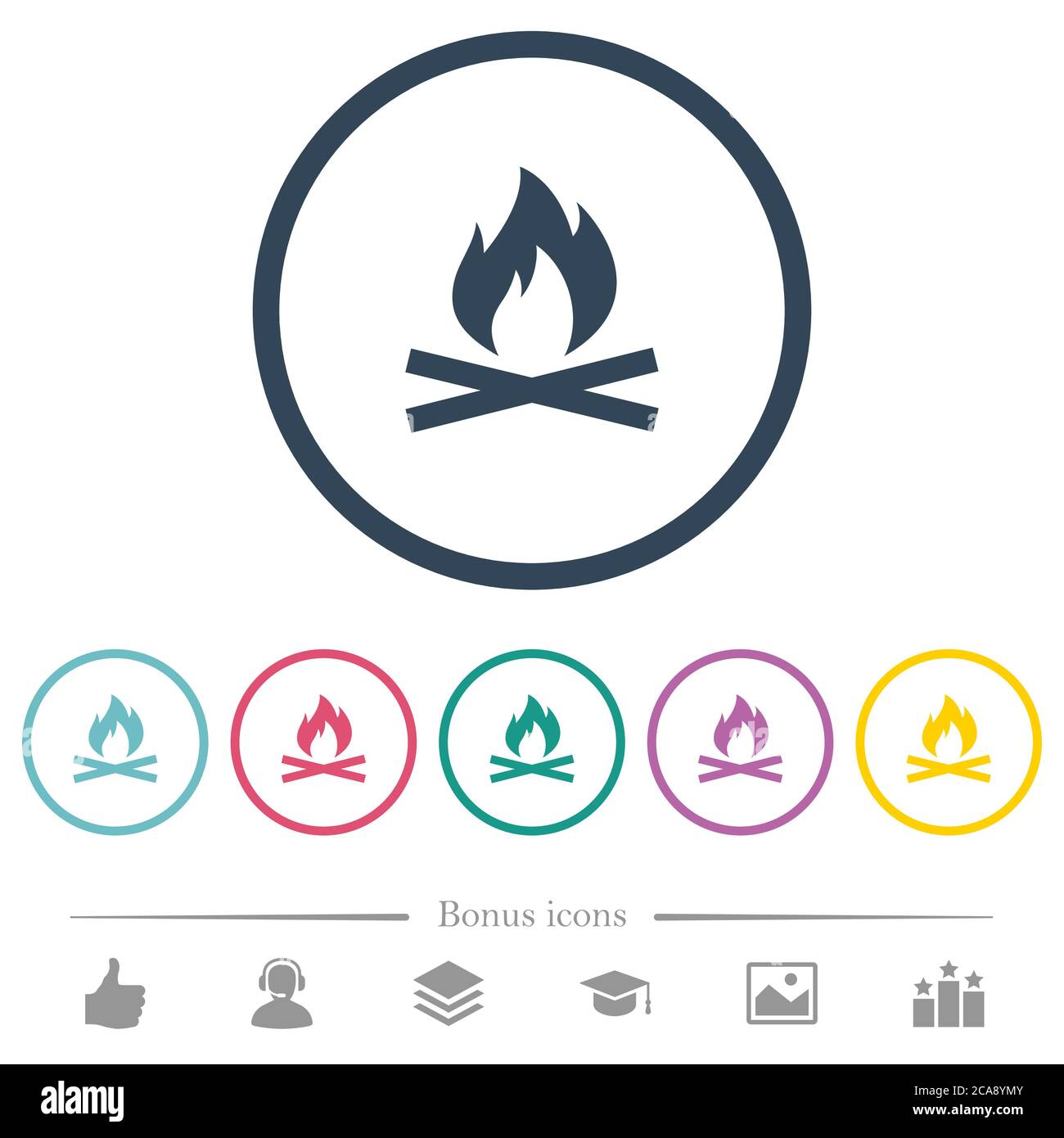 Camp fire flat color icons in round outlines. 6 bonus icons included ...