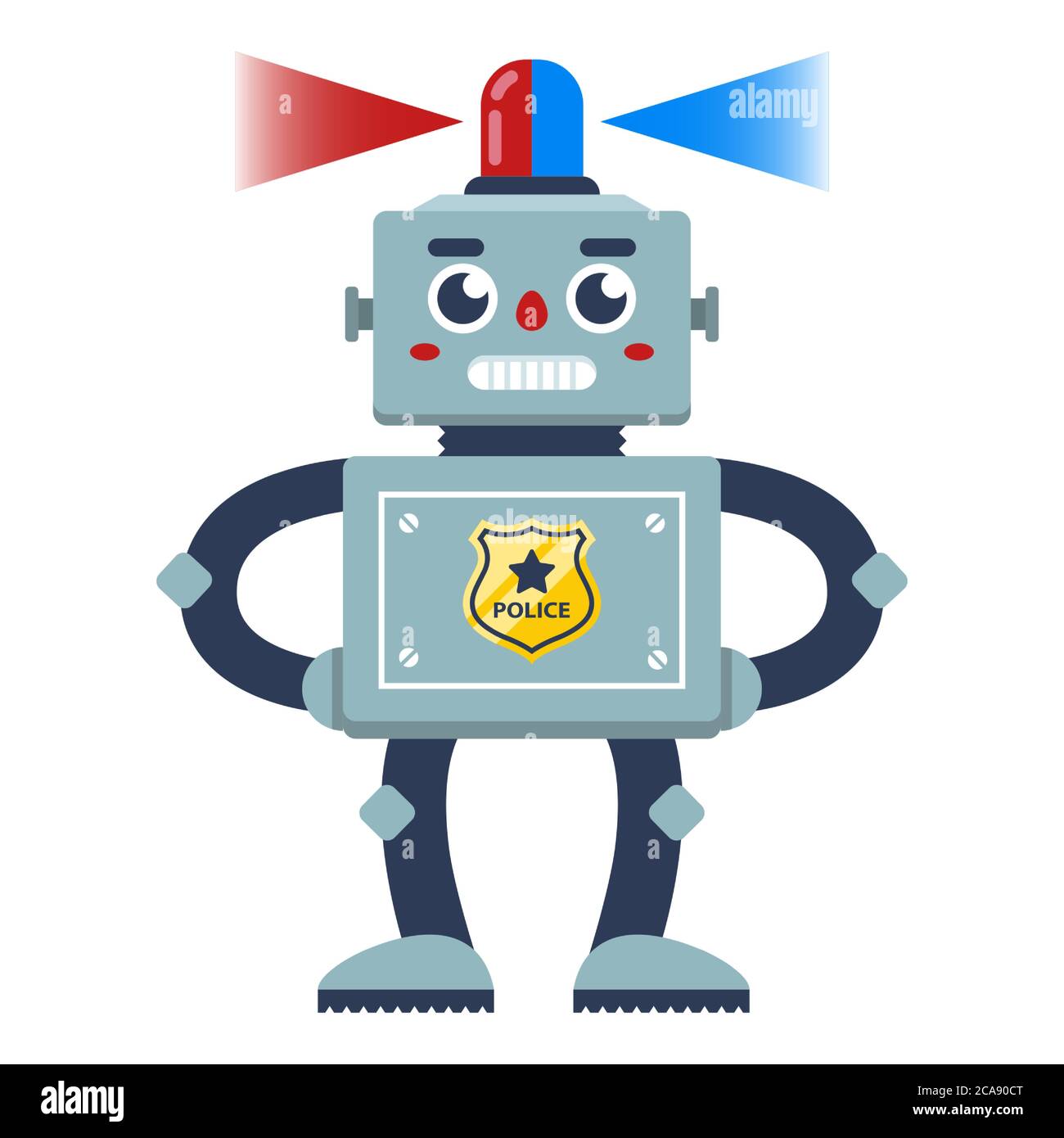 a policeman robot with a flasher on his head patrolling the area. flat character vector illustration Stock Vector