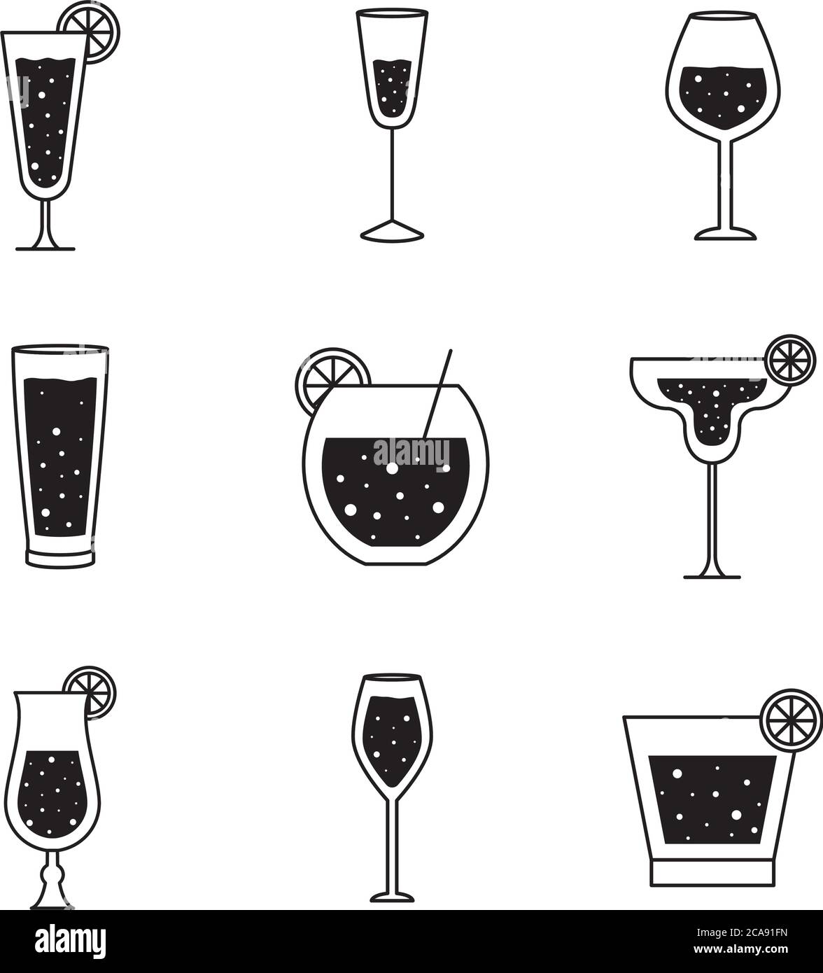 Cocktails glasses cups silhouette style icon set design, Alcohol drink bar and beverage theme Vector illustration Stock Vector