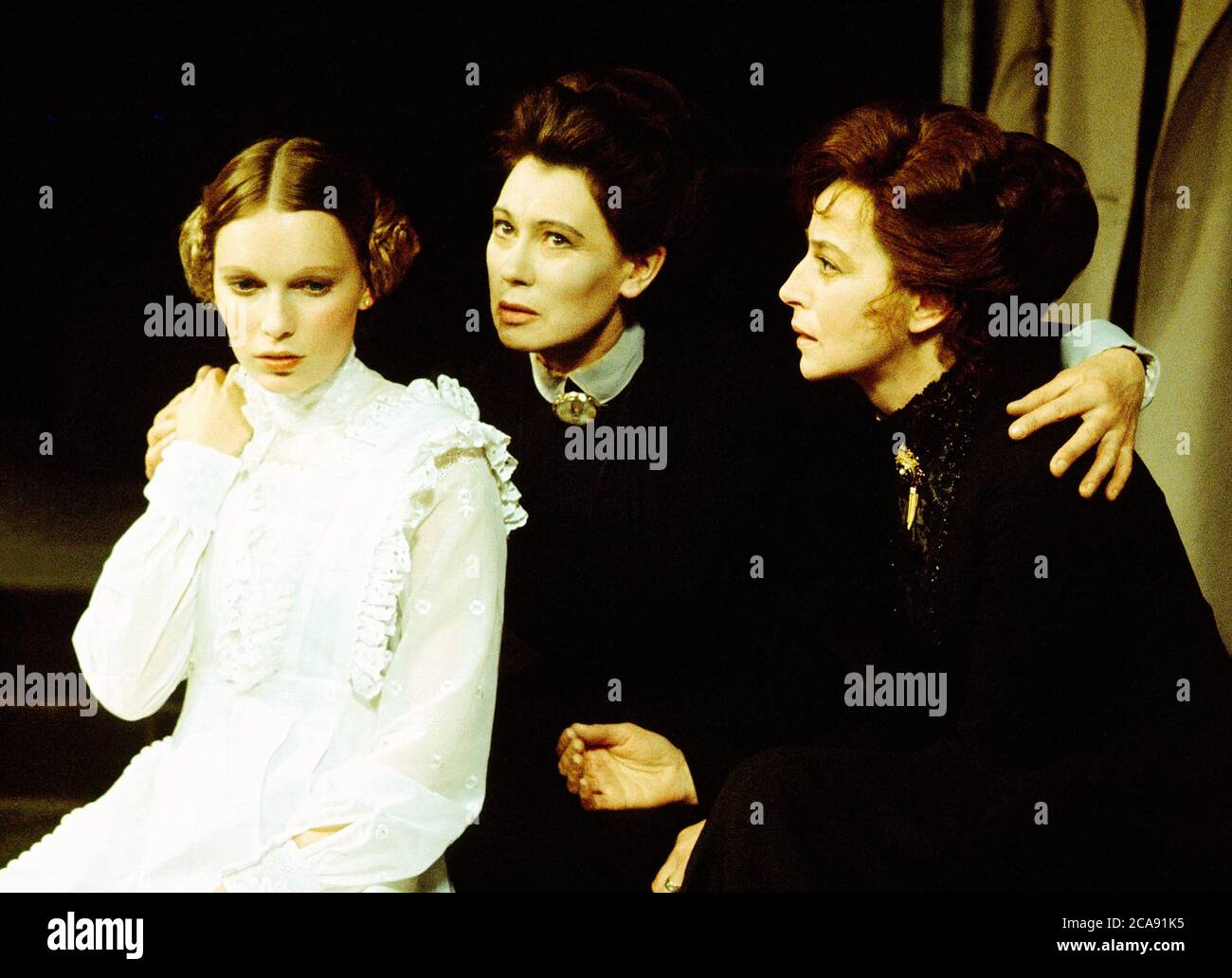 l-r: Mia Farrow (Irina), Joy Parker (Olga), Gwen Watford (Masha) in THREE  SISTERS by Chekhov at the Greenwich Theatre, London SE10 25011973 set  design: Roger Butlin costumes: Daphne Dare director: Robin Phillips