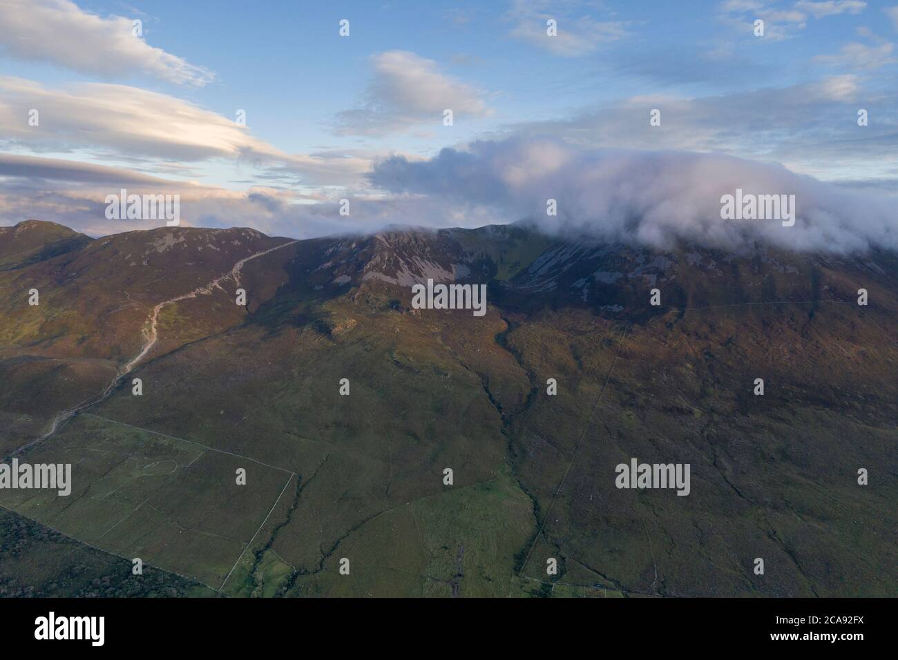 Panoramic aerial drone image of Croagh Patrick, County Mayo, Ireland Stock Photo