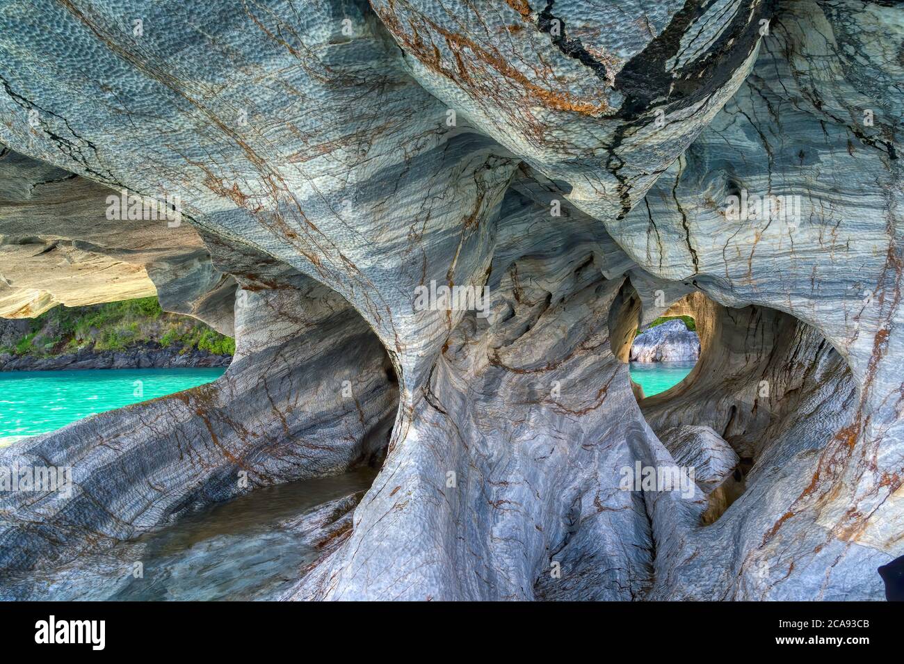 Marble Caves Sanctuary caused by water erosion, General Carrera Lake, Puerto Rio Tranquilo, Aysen Region, Patagonia, Chile, South America Stock Photo