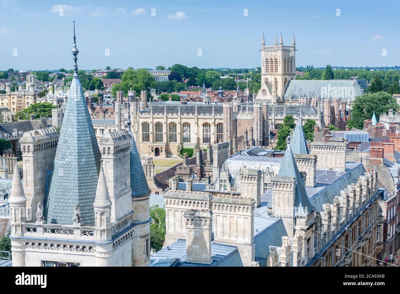 High angle view of the skyline of the city of Cambridge showing university buildings in Caius, Trinity and St John's colleges, Cambridge Stock Photo