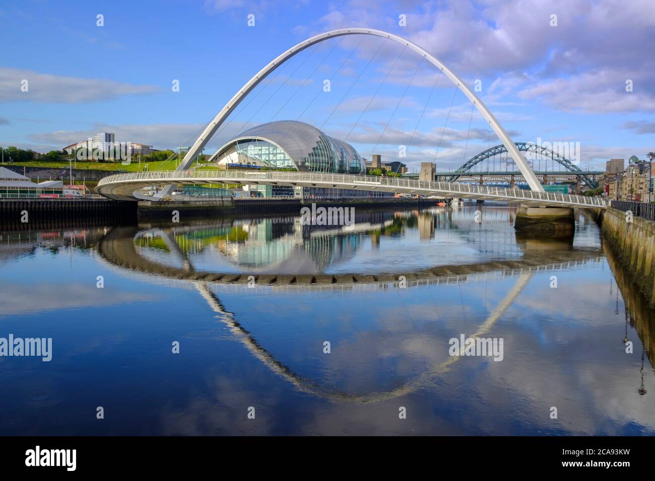 The Sage Arts Centre, Gateshead Millennium Bridge and Tyne Bridge over the Tyne River, Gateshead, Tyne and Wear, England, United Kingdom, Europe Stock Photo