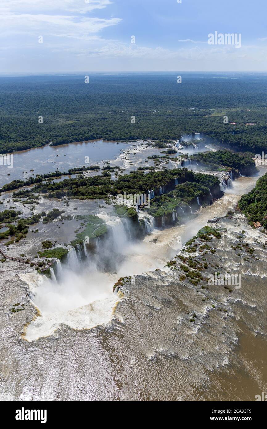 Aerial view of the Devil's Throat and the Iguassu River, Iguazu Falls, UNESCO World Heritage Site, Parana, Brazil, South America Stock Photo