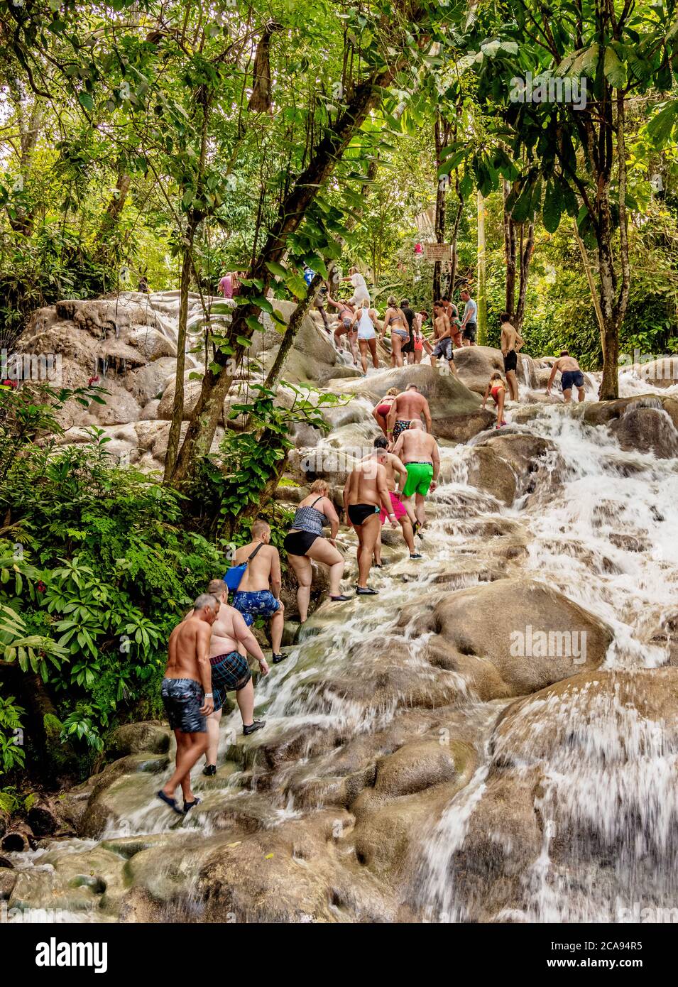 People climbing Dunn's River Falls, Ocho Rios, Saint Ann Parish, Jamaica, West Indies, Caribbean, Central America Stock Photo